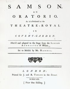 Cover of Sheet Music for Samson, an Oratorio by Handel, published in 1759 by English School