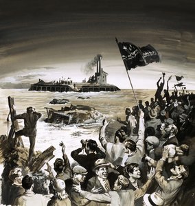 Crowds Cheering and Waving Flags by the Ocean to Another Group of Flag Wavers by English School