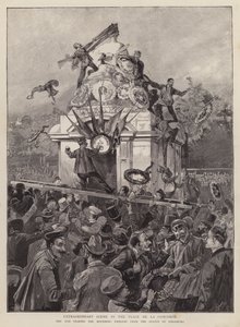 Crowds tearing down mourning emblems from the statue of Strasbourg on the Place de la Concorde, Paris by English School