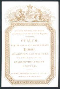 Cullum, Letter-Press and Copper-Plate Printer, Trade Card by English School