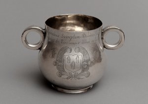Cup with large belly and thick cast rim base, and a pair of ox-eye handles, 1675
