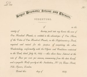 Debenture for the Royal Dramatic School and Theatre, 73 Dean Street, Soho Square, London by English School