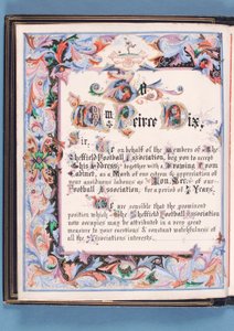 Dedication from an Address Presented by Sheffield Football Association to William Pierce-Dix on the Occasion of his Retirement as Secretary, 1882