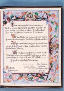 Dedication from an address presented by Sheffield Football Association to William Pierce-Dix on the occasion of his retirement as Secretary, 1882