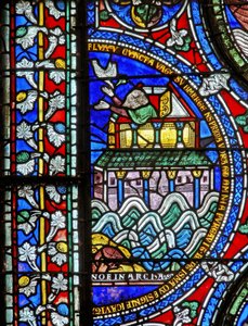 Detail from one of the Bible Windows depicting Noah welcoming the dove back at the ark