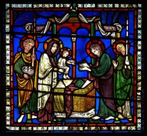 Detail from one of the Bible Windows depicting the presentation in the temple