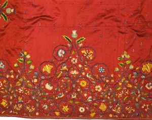 (detail) of an important skirt or petticoat of crimson silk said to have been embroidered by Mary, Queen of Scots for Queen Elizabeth I while she was captive at Hardwick by English School