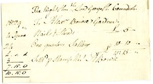 Devonshire MSS AS 3101, folio from a bundle of bills settled by Pinder Simpson for Lord George Cavendish, including Alexander Bowie