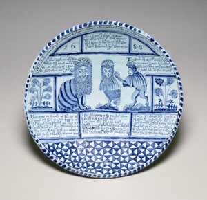 Dish with a Cat, an Owl and a Monkey looking in a mirror by English School