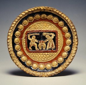Dish with a man and a woman quarreling over a pair of breeches by English School