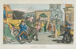 Doctor Syntax robbed in St. Giless, from The Tour of Doctor Syntax through London, or the Pleasures and Miseries of the Metropolis. A Poem, published 1820 by English School