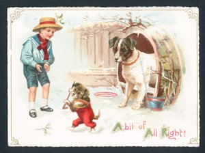 Dog, Puppy and Boy Playing in the Snow by English School