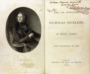 Double Page Spread with a Portrait of Dickens, and a Dedication by Dickens to William Harrison Ainsworth by English School