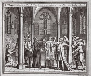 Dr. Taylor rebuking a Popish priest who was about to say mass in Hadley Church, illustration from Foxe
