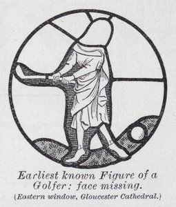 Earliest known figure of a golfer, face missing, Eastern window, Gloucester Cathedral by English School