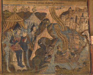 Edward of York, together with the Earls of Salisbury and Warwick set sail for Calais, following the Battle of Ludford Bridge. King Henry VI looks on in triumph, illustration from 