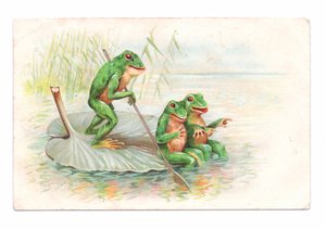 Edwardian Postcard of Two Frogs Sitting on a Water Lily Boat While a Third is Rowing, c.1910