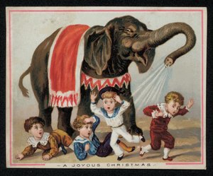 Elephant Playfully Showering Children with Water, Christmas Greetings Card by English School