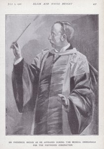 English composer, organist and conductor Sir Frederick Bridge rehearsing for the postponed coronation of King Edward VII by English School