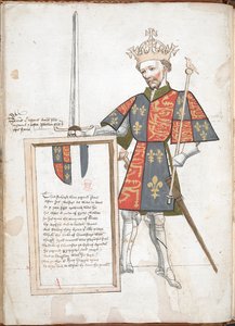 English king in armour and tabard (Richard II), presenting a plaque with verses
