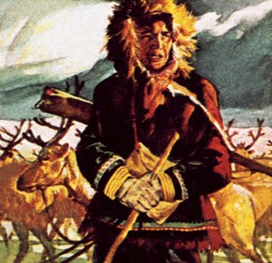 Eskimo with his reindeer by English School