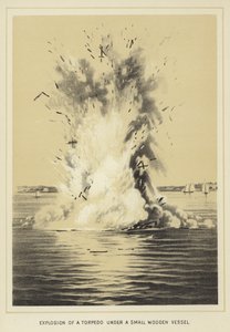 Explosion of a torpedo under a small wooden vessel by English School