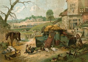 Farmyard with St Pancras Railway Station in background by English School