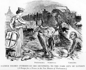 Father Thames Introducing his Offspring to the Fair City of London, the Offspring Being Diphtheria, Scrofula and Cholera by English School