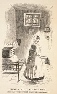 Female convict in canvas dress (under punishment for tearing her clothes), illustration from The Criminal Prisons of London and Scenes from Prison Life by Henry Mayhew and John Binny, pub. 1862