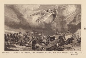 Fifth angel bringing a plague of demons, like scorpion locusts, for five months by English School