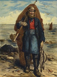 Fisherman carrying his nets, and holding his catch of fish by English School