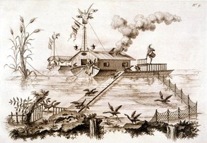 Fishing with Cormorants using a water boat and fenced enclosure, illustration from 