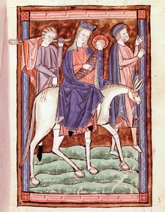 Flight into Egypt. Page taken from an English manuscript of the 13th century Venice, Biblioteca Marciana