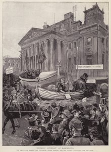 Float raising funds for the Royal National Lifeboat Institution passing the Exchange in Manchester by English School