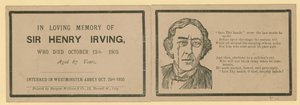 Folding card noting the passing of Sir Henry Irving, actor, who died on 13 October 1905 by English School