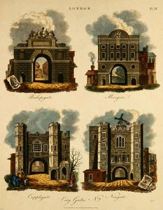 Four City Gates: Bishopsgate, Moorgate, Cripplegate and Newgate, engraved by J. Pass, pub. by G. Jones by English School