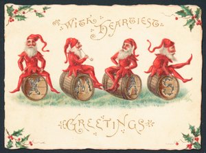 Four Pixies Sitting on Barrels by English School