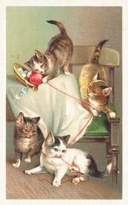Four Cats Playing with a Ball of Wool by English School