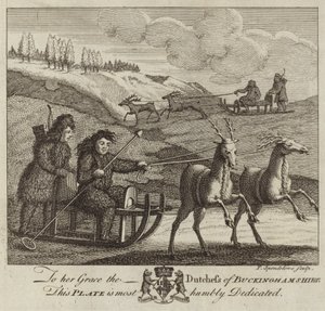 Four eskimo figures driving two reindeer-driven sledges by English School