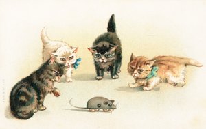 Four Kittens Playing with a Clockwork Mouse by English School