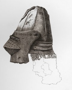 Fourteenth century Visored Bassinet, almost globose, with Camailie attached, from Warwick Castle. From The British Army: Its Origins, Progress and Equipment