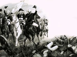 Frederick the Great, king of Prussia, with his troops in battle by English School