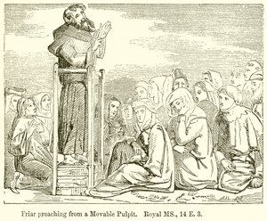 Friar Preaching from a Movable Pulpit. Royal MS., 14 E. 3 by English School