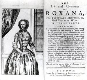 Frontispiece and Title page for The Life and Adventures of Roxana by Daniel Defoe, published 1765 by English School