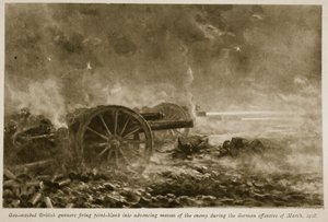 Gas Masked British Gunners Firing Point-Blank into Advancing Masses of the Enemy During the German Offensive of March, 1918 by English School