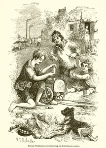 George Stephenson Constructing His First Steam-Engine by English School