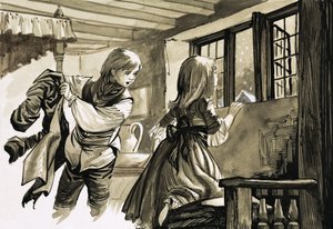 Girl and Boy Looking Out into the Snow by English School