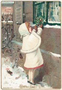 Girl placing holly on window ledge by English School