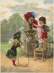 Girl Putting Bonnet on Statue; Another Girl with Hoop by English School