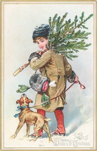 Girl with Dog Carrying Christmas Tree by English School